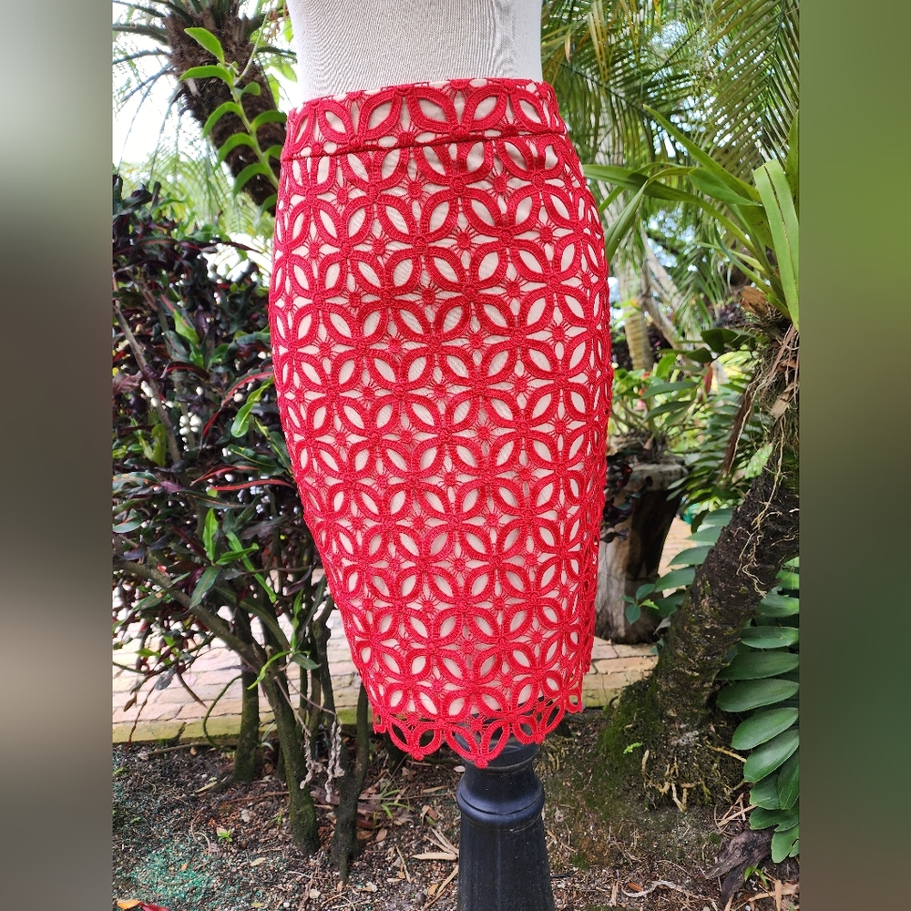 Red lace pencil skirt